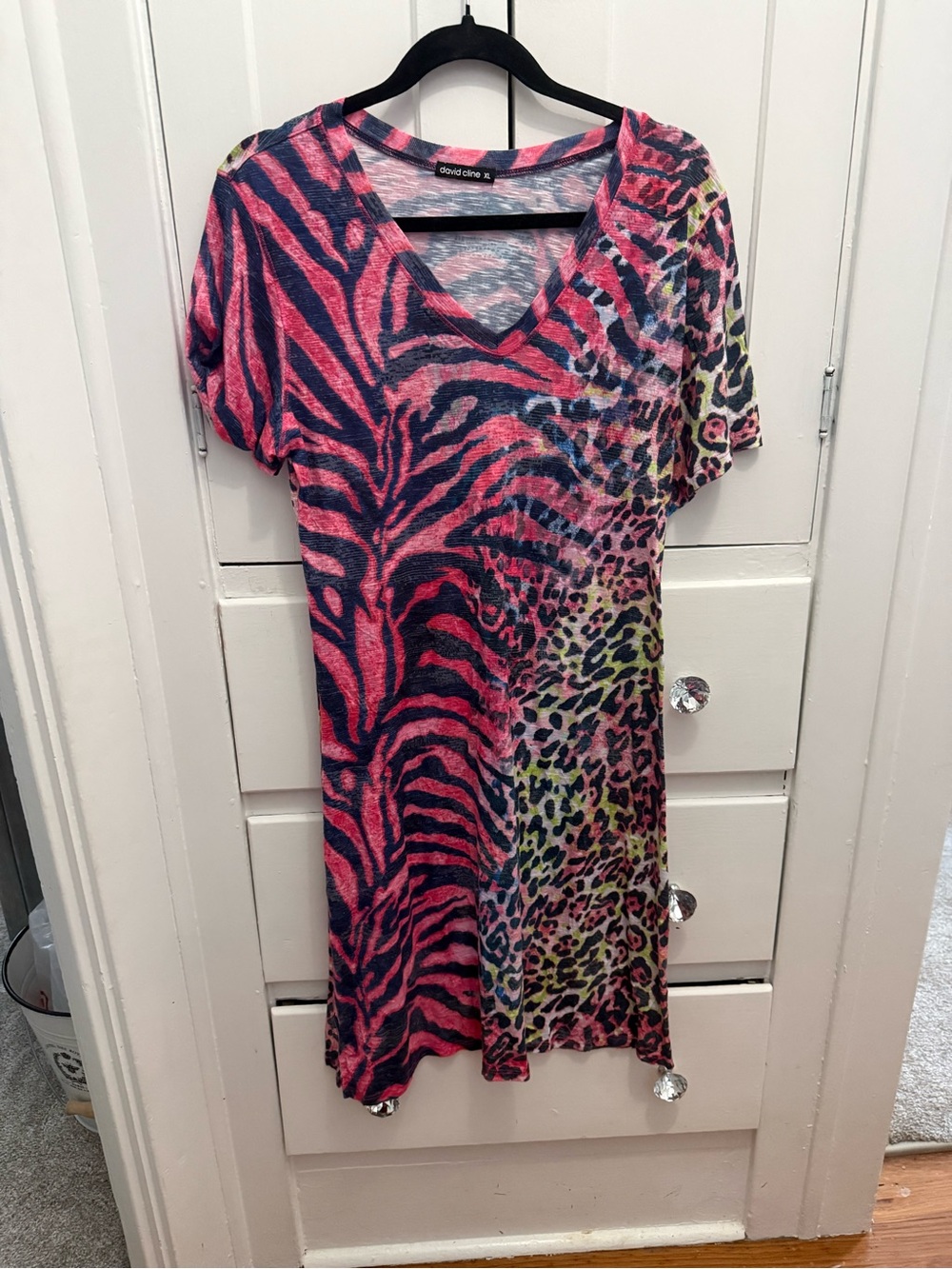 David Cline Pink and Navy Mixed Animal Print V-Neck Dress